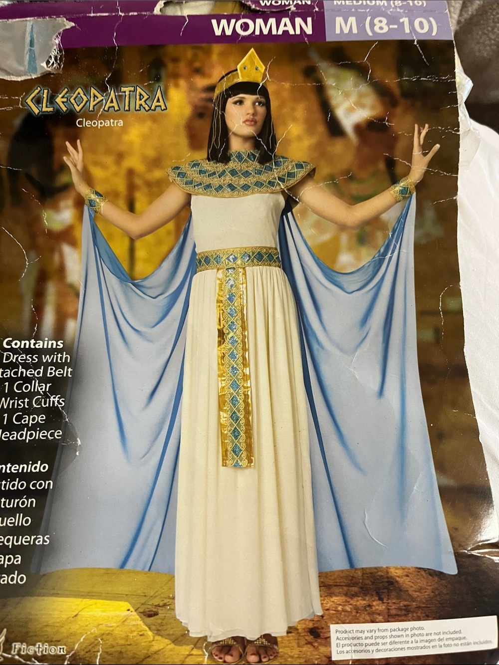 Cleopatra Cream Maxi Dress with Light Blue Cape and Gold Accents